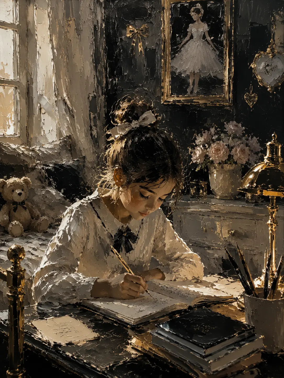 Fille Étudiant à un Bureau dans une Peinture à l’Huile Sombre et Atmosphérique