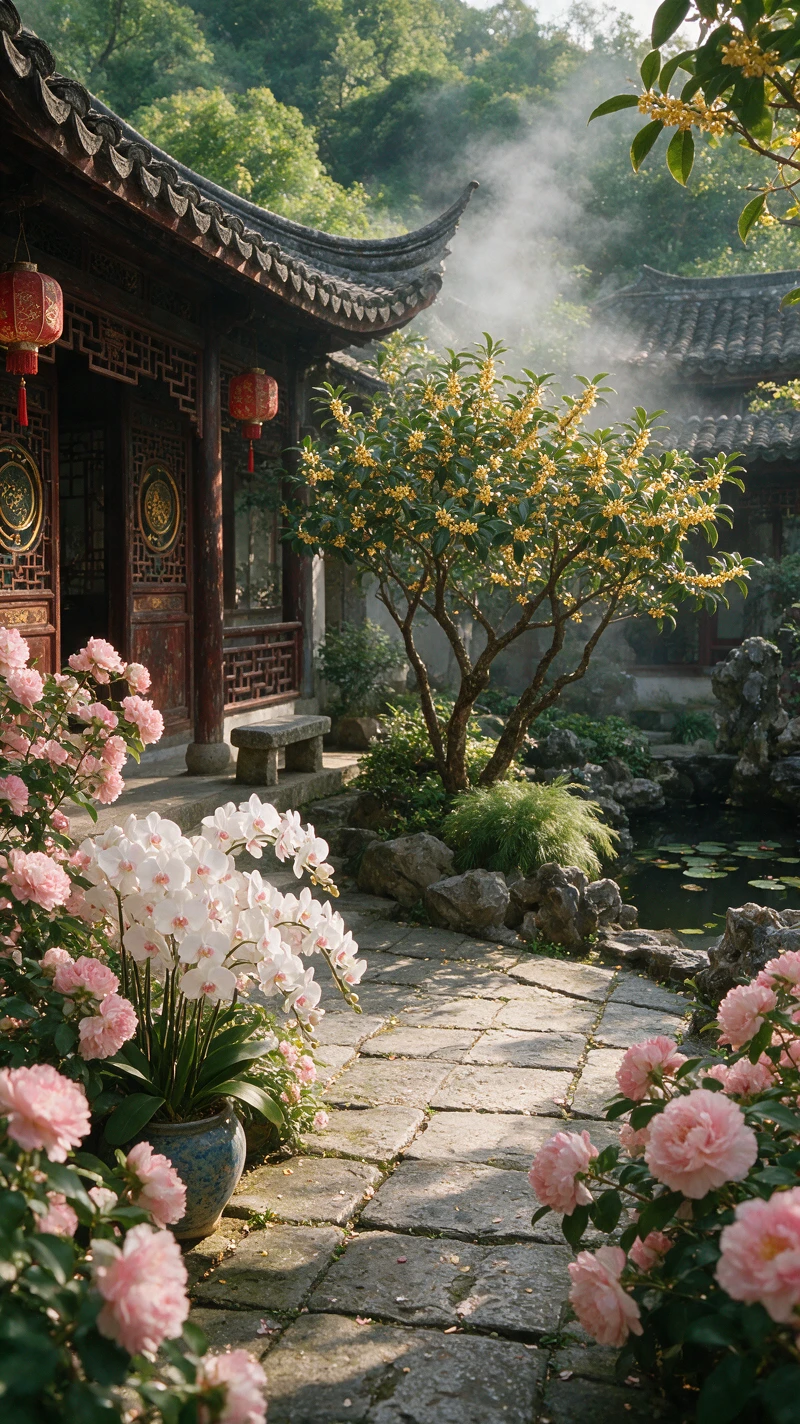 Roses cotonnières dans la cour tranquille d’un ancien jardin chinois