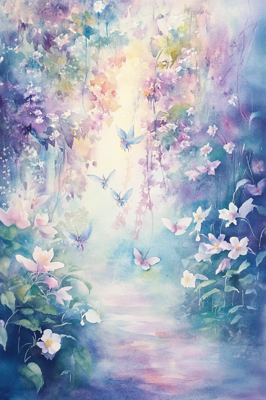 Verspielte Aquarellfeen in einem mystisch leuchtenden Garten