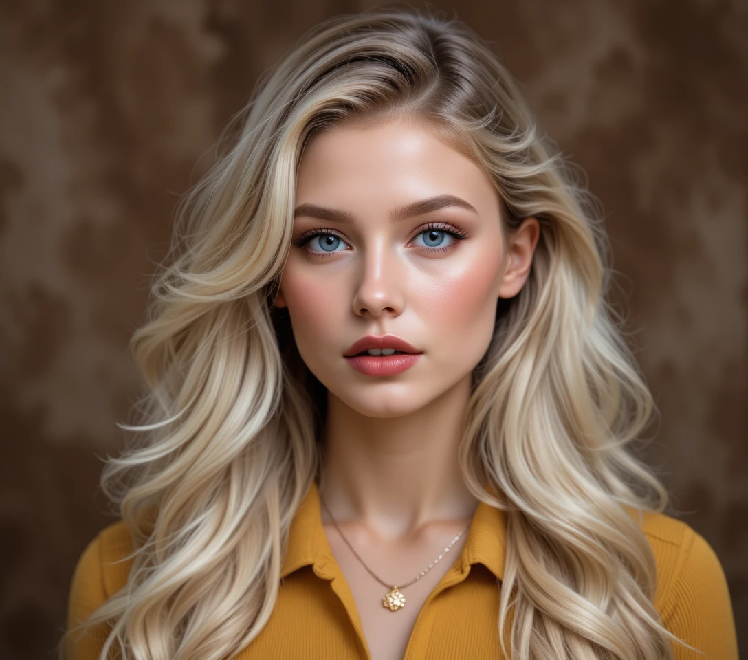Retrato de jovem mulher loira com estética de estúdio dos anos 90