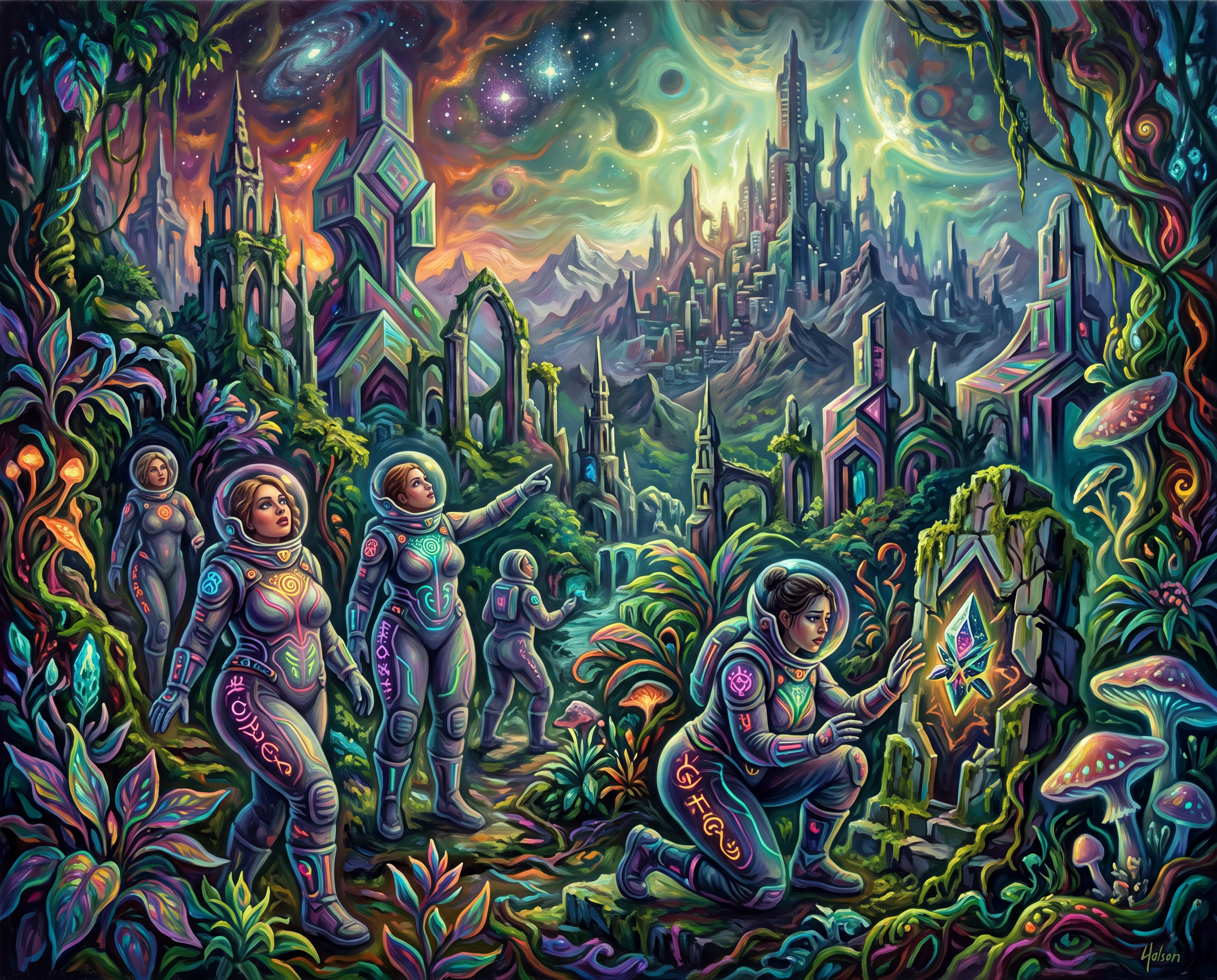 Planète jungle mystique avec ruines alien courbes et exploratrices