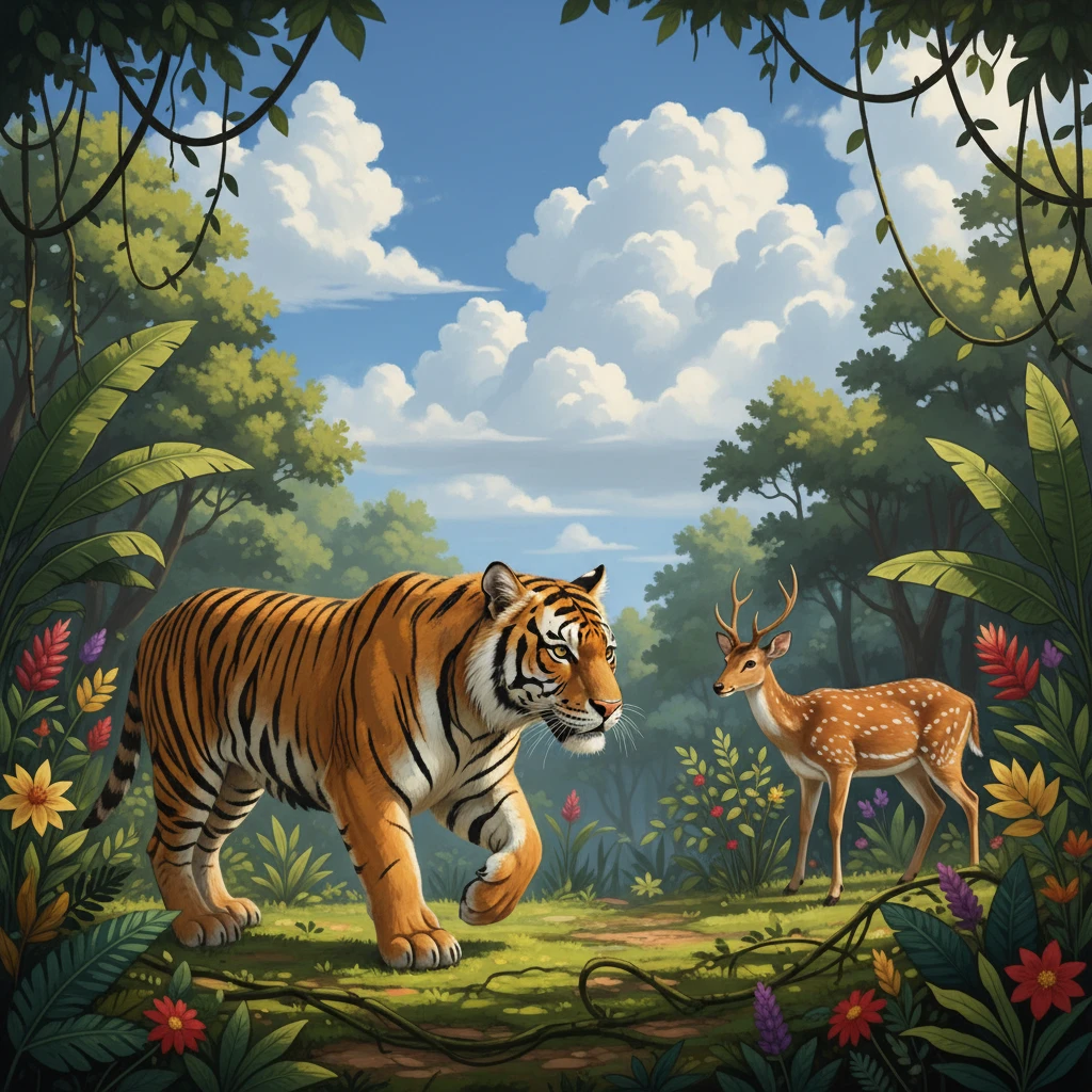 Tigre traquant un cerf à travers l’épais feuillage de la jungle