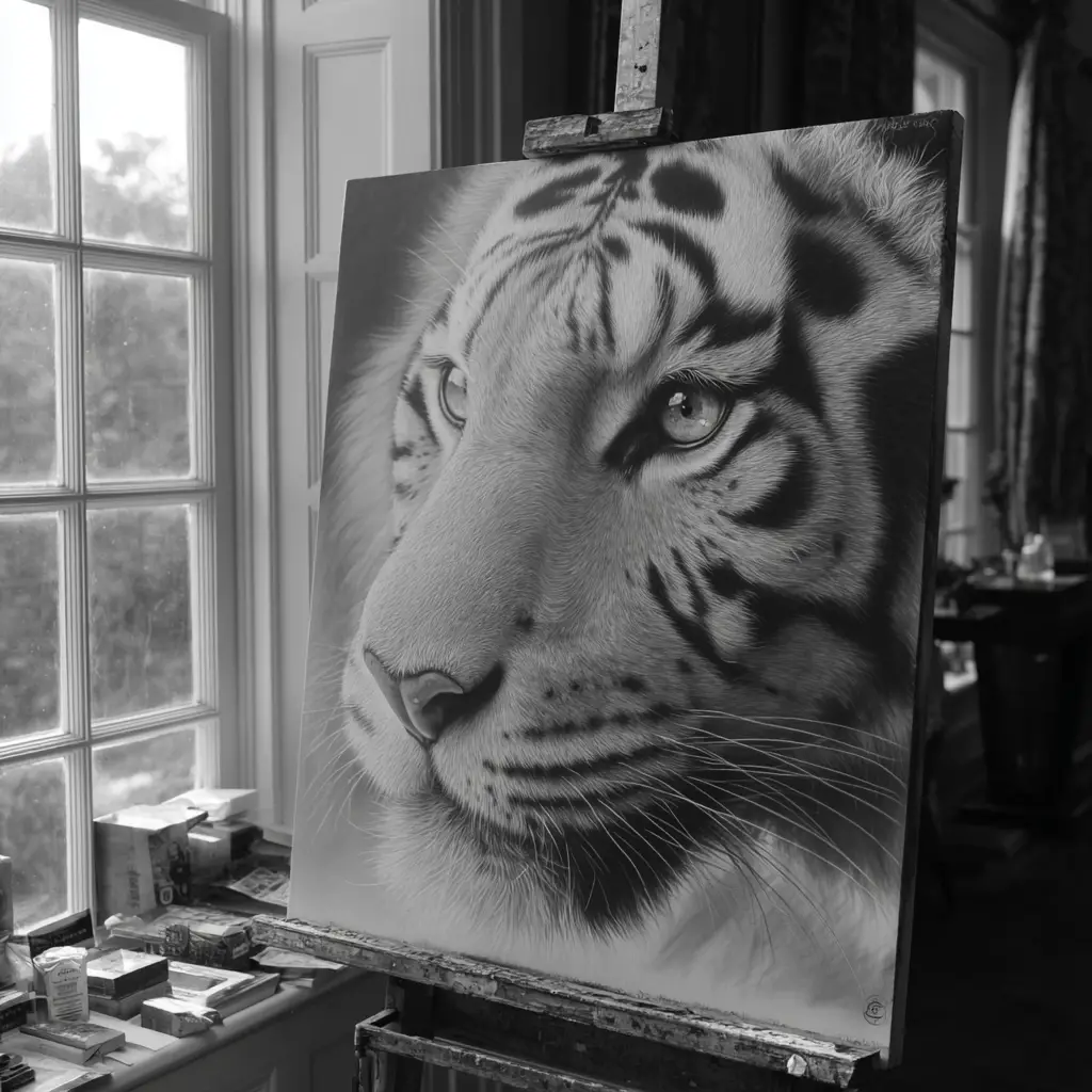 Dessin au crayon d’un visage de tigre blanc sur chevalet en plein soleil
