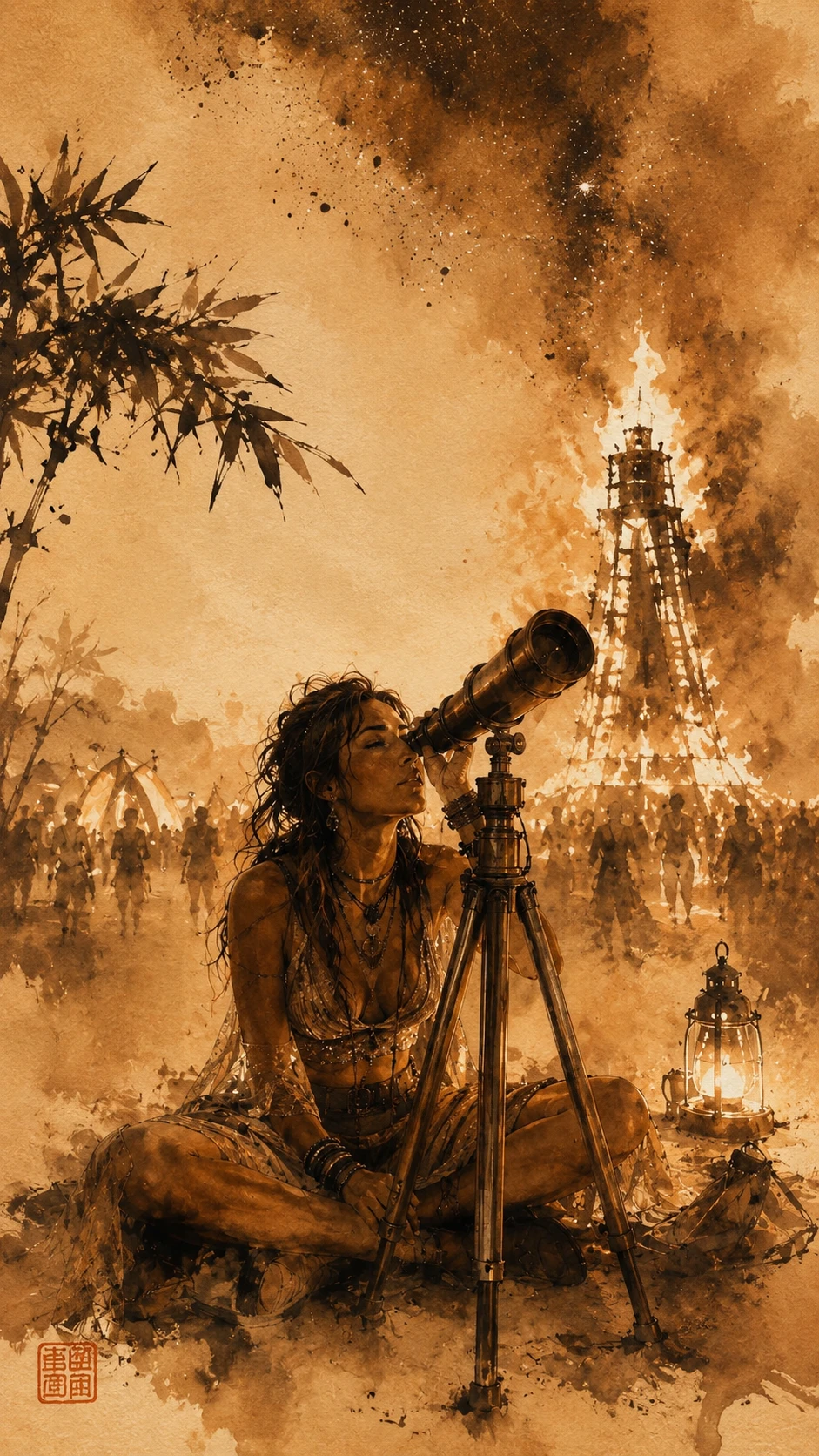 Formas caligráficas em tinta se dissolvendo em lavagens atmosféricas suaves