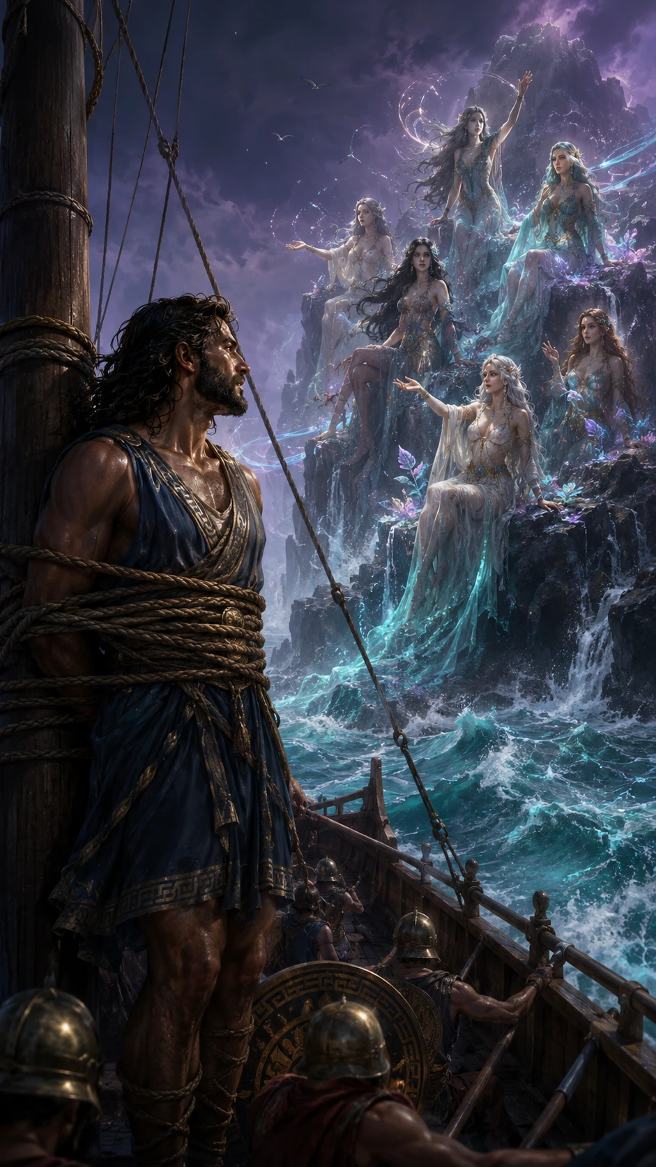 Sea nymphs singing beside jagged obsidian sea cliffs