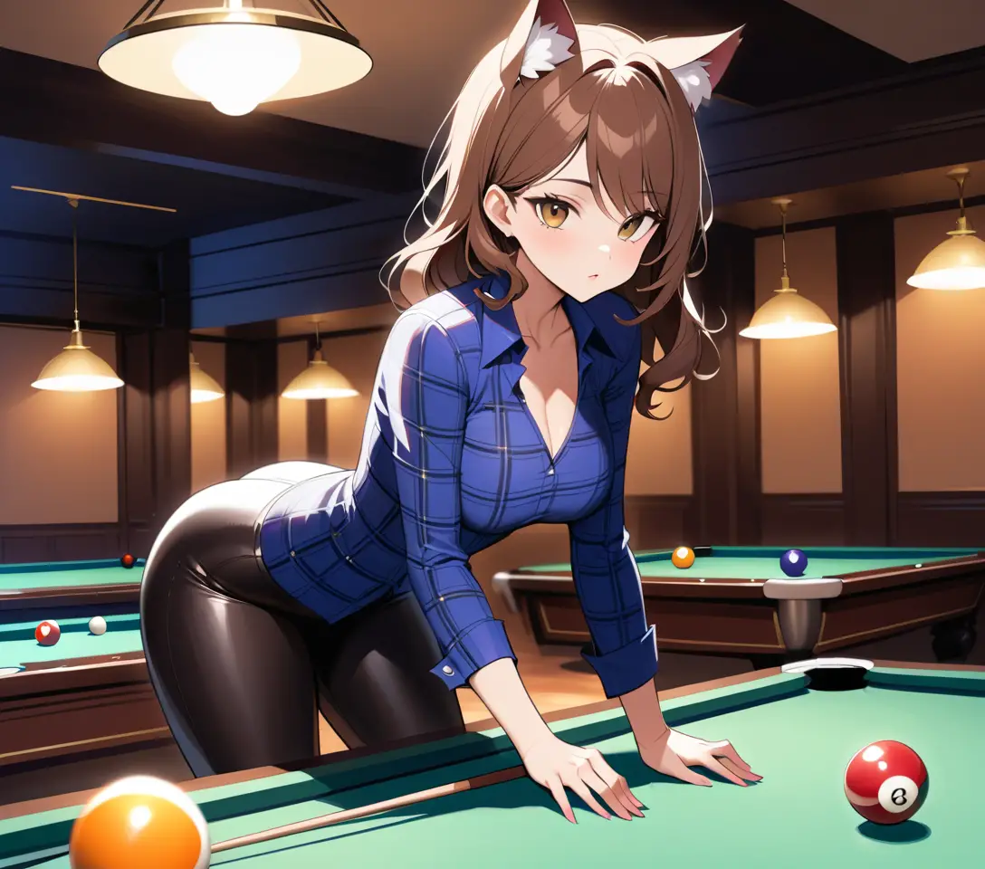 Confident cat eared woman in a dark luxury billiard room