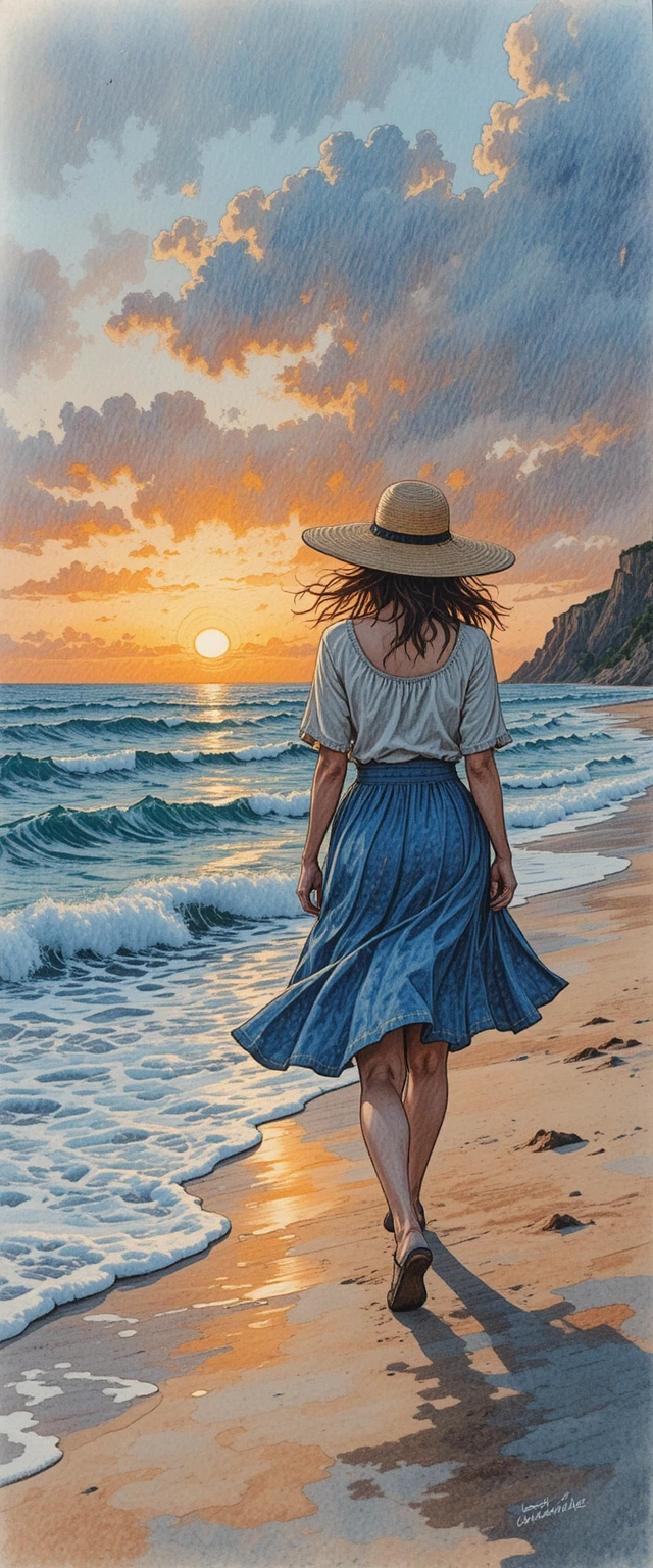 Woman walking along the ocean shore at sunset