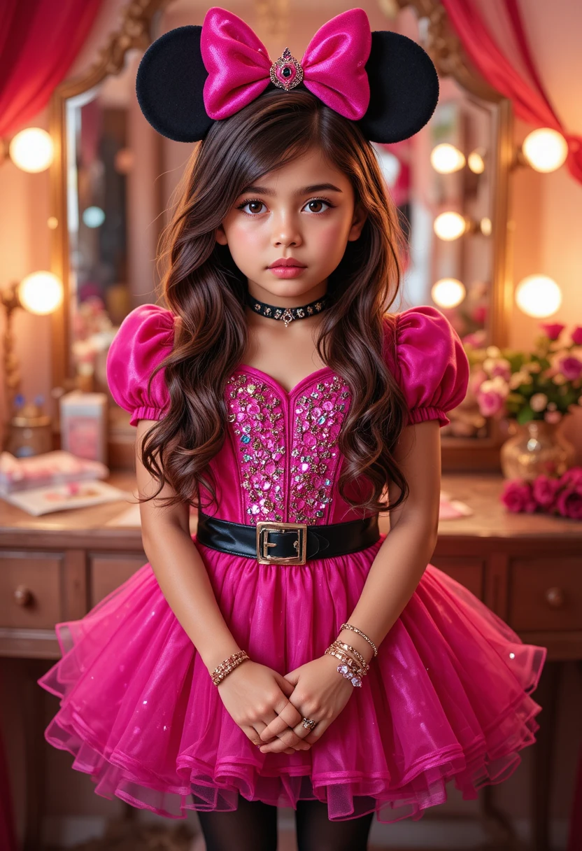 Menino pré-adolescente nervoso de fantasia de princesa ao lado de uma penteadeira