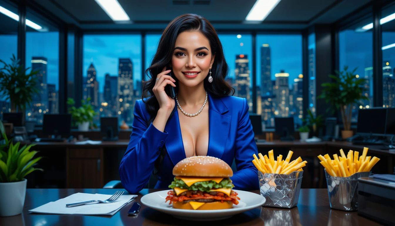 Donna sicura di sé con blazer blu che mangia in un ufficio moderno