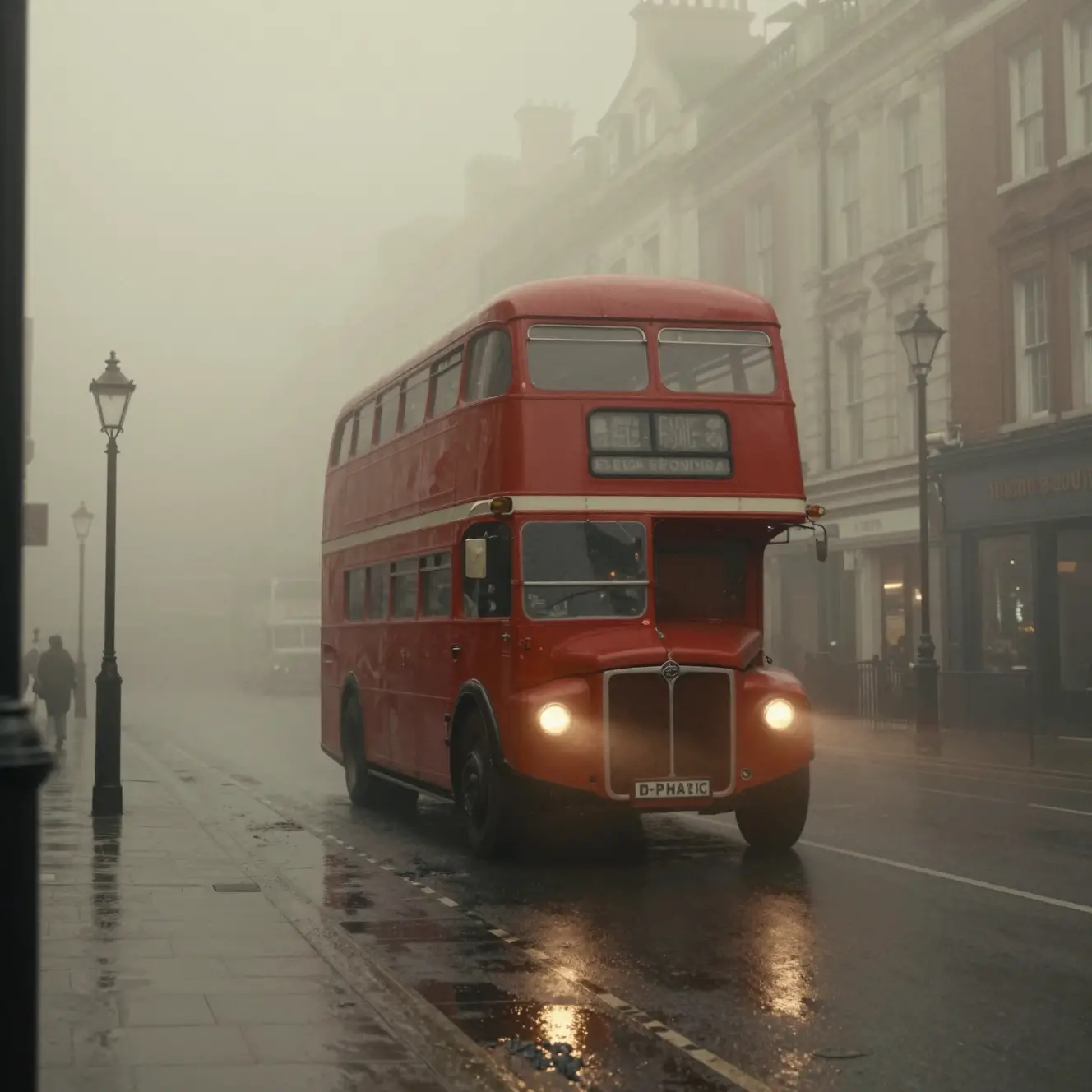 Bus londonien dans le brouillard au cœur d’une rue dense des années 50