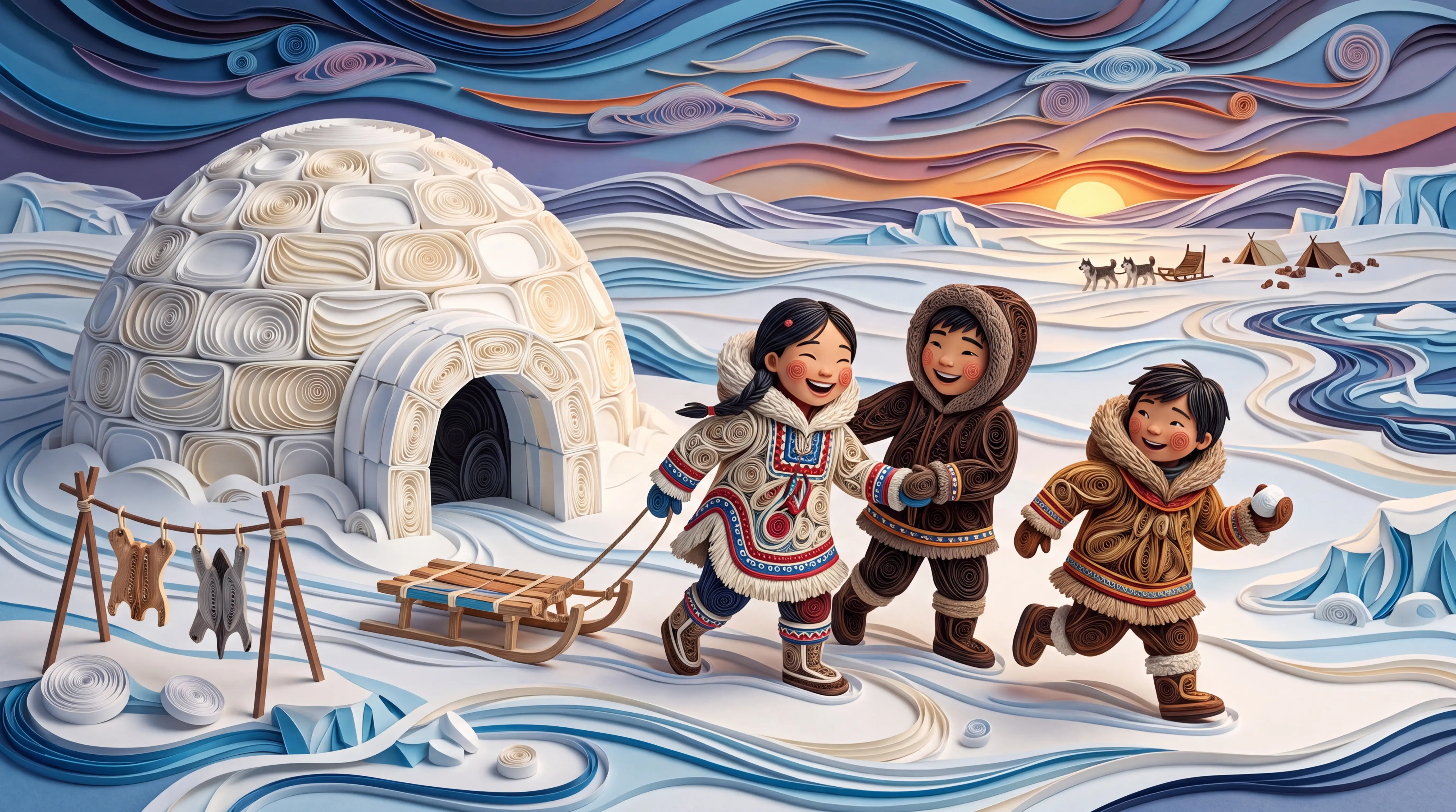 Inuit-Kinder spielen neben einem Iglu im arktischen Schnee