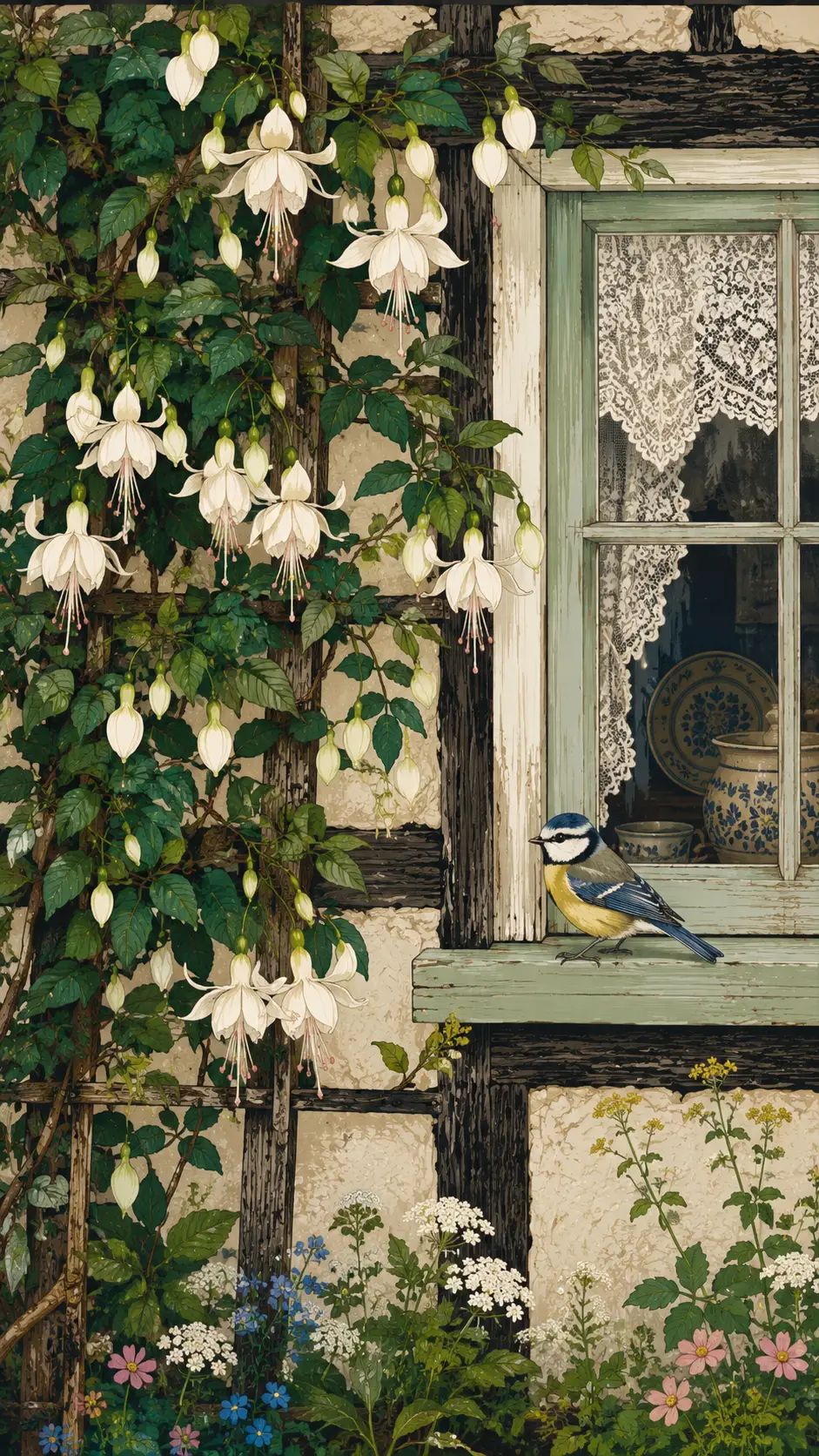 Whimsical farmhouse trellis with white fuchsias and songbird