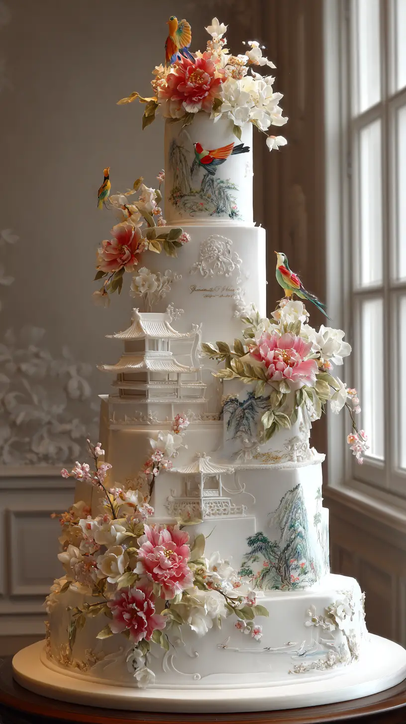 Élégant gâteau blanc à étages avec fleurs et détails d’oiseaux