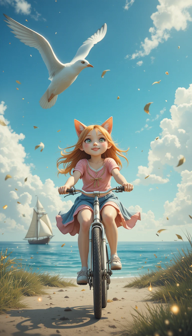 Fille chat à vélo vers le spectateur au bord de la mer