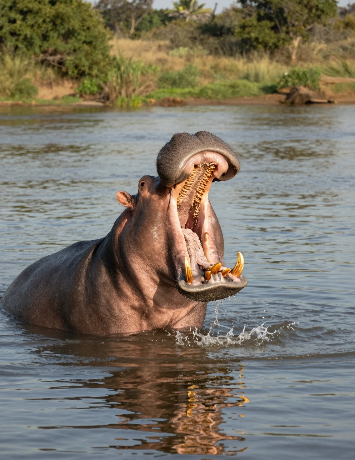 Hipopótamo bocejando em um calmo rio africano banhado pelo sol