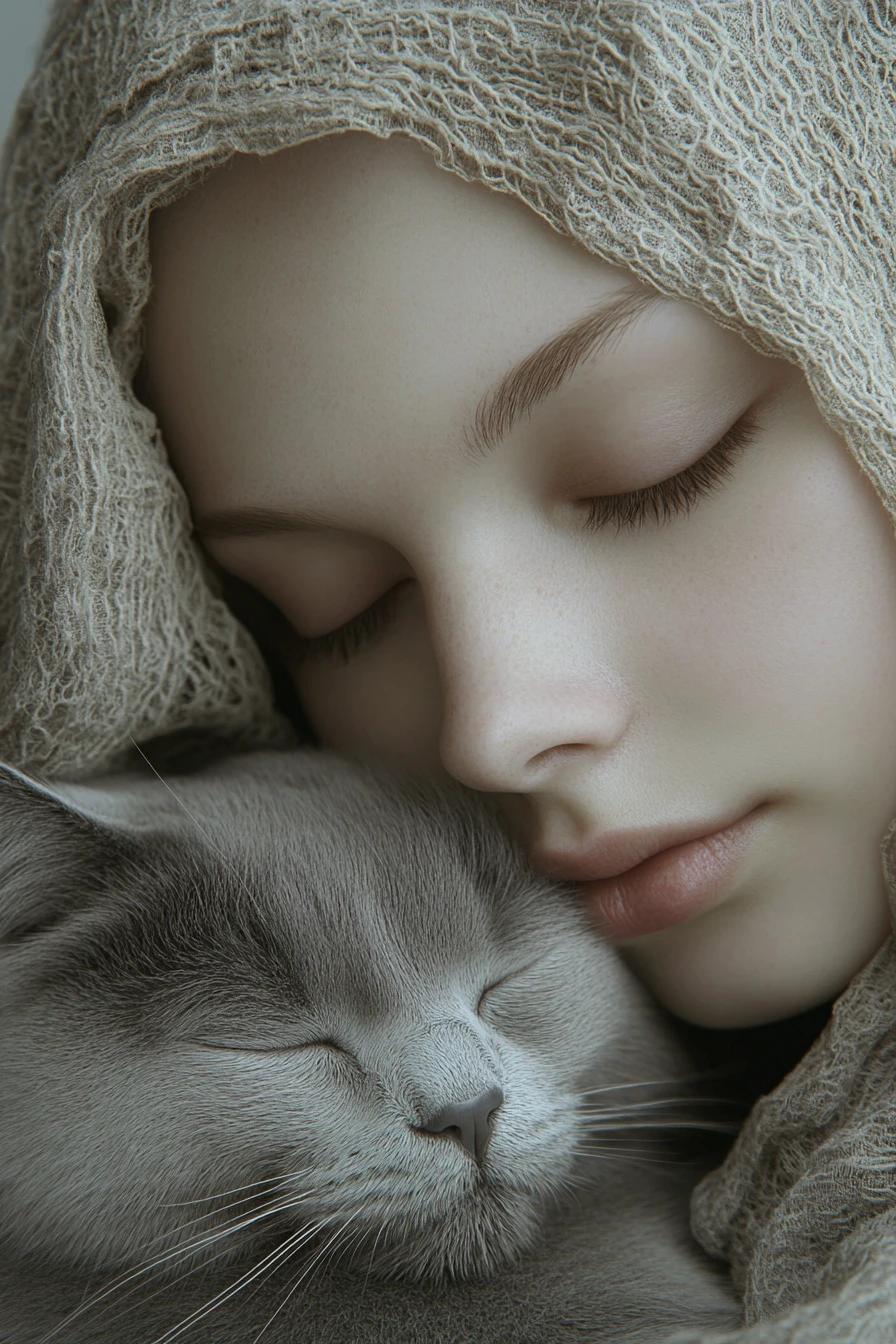 Jeune femme se reposant paisiblement avec un chat gris endormi
