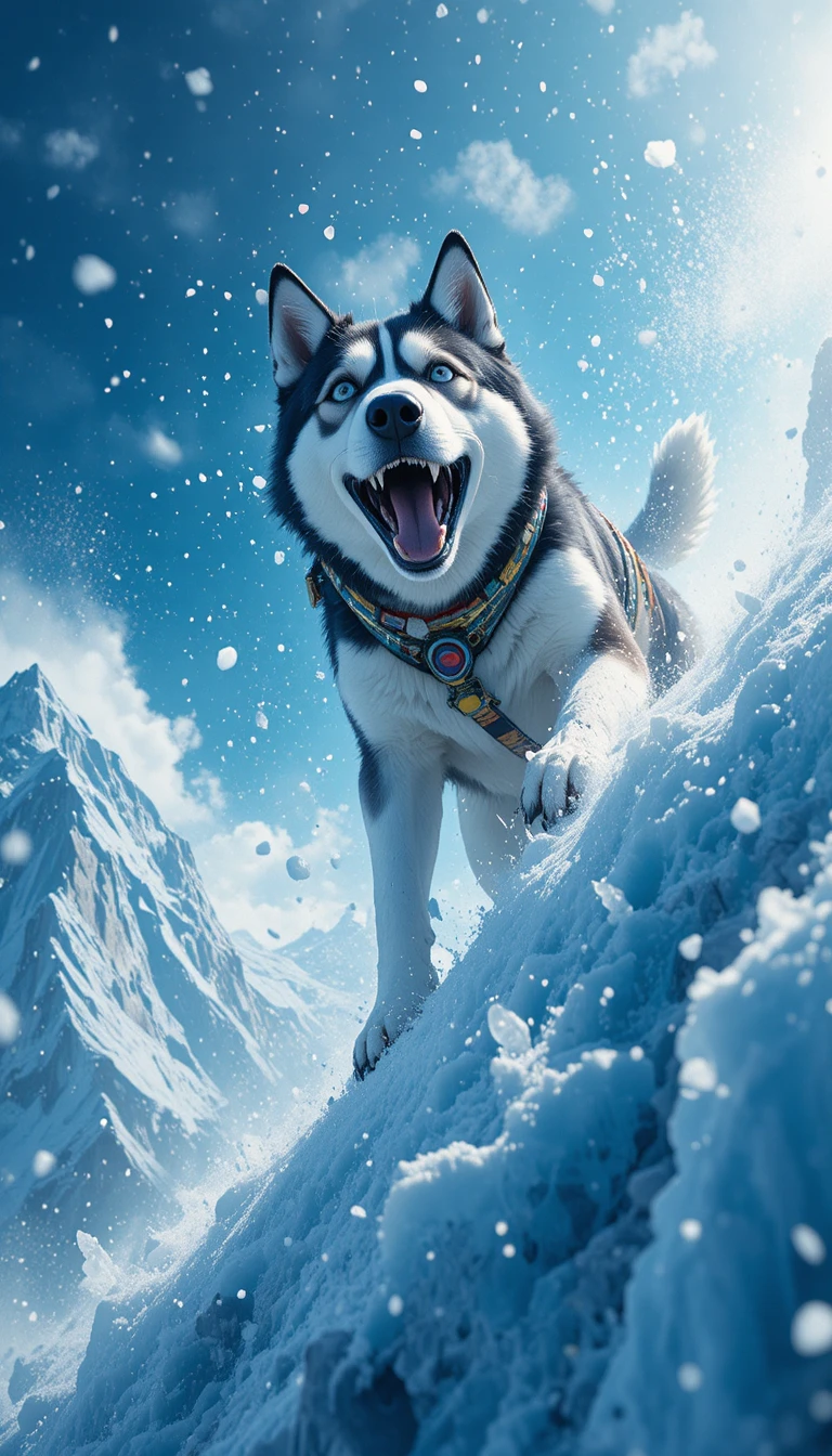 Husky déterminé gravissant une pente de montagne glacée et escarpée