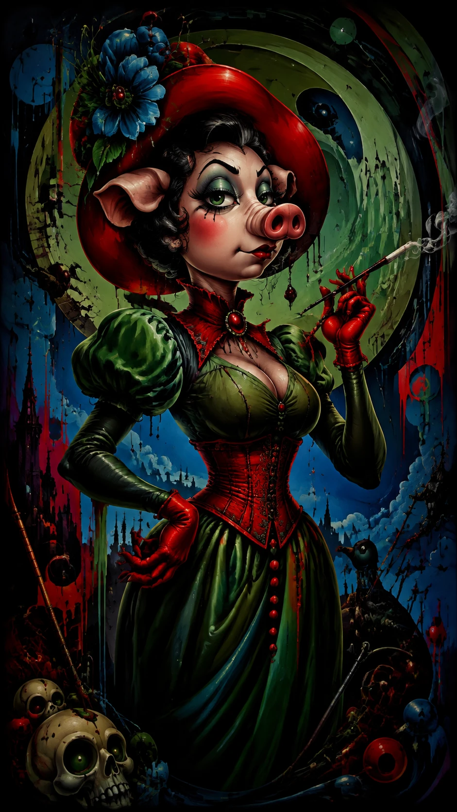 Mulher surreal em ilustração ousada verde, azul e vermelha