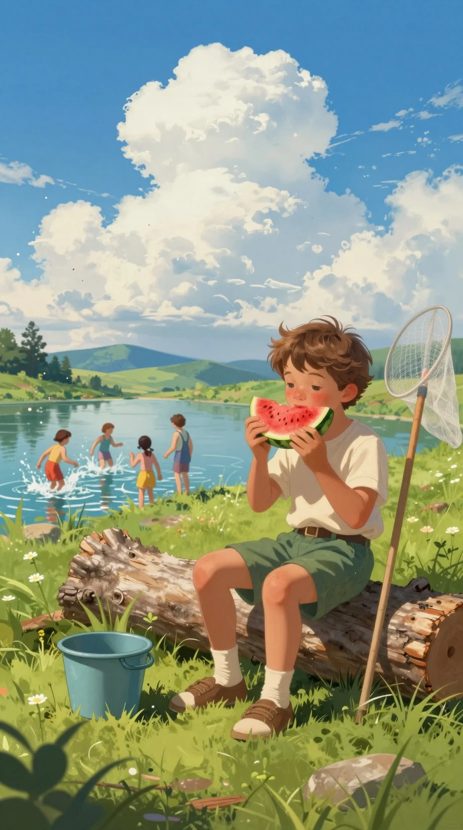 Ragazzo che mangia anguria sulla riva di un lago estivo