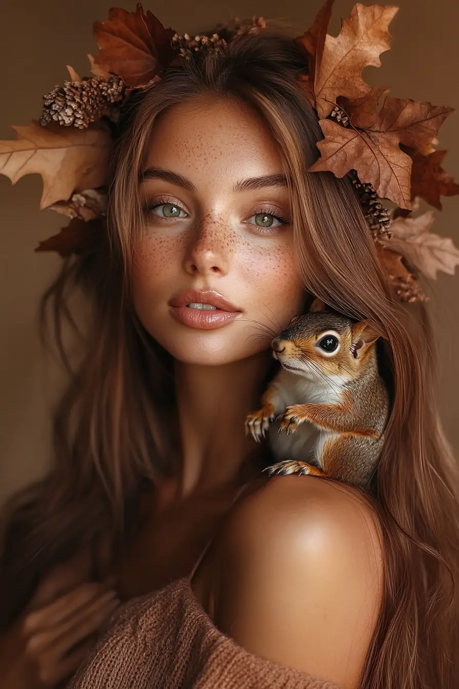 Woman with squirrel kissing her cheek in brown portrait