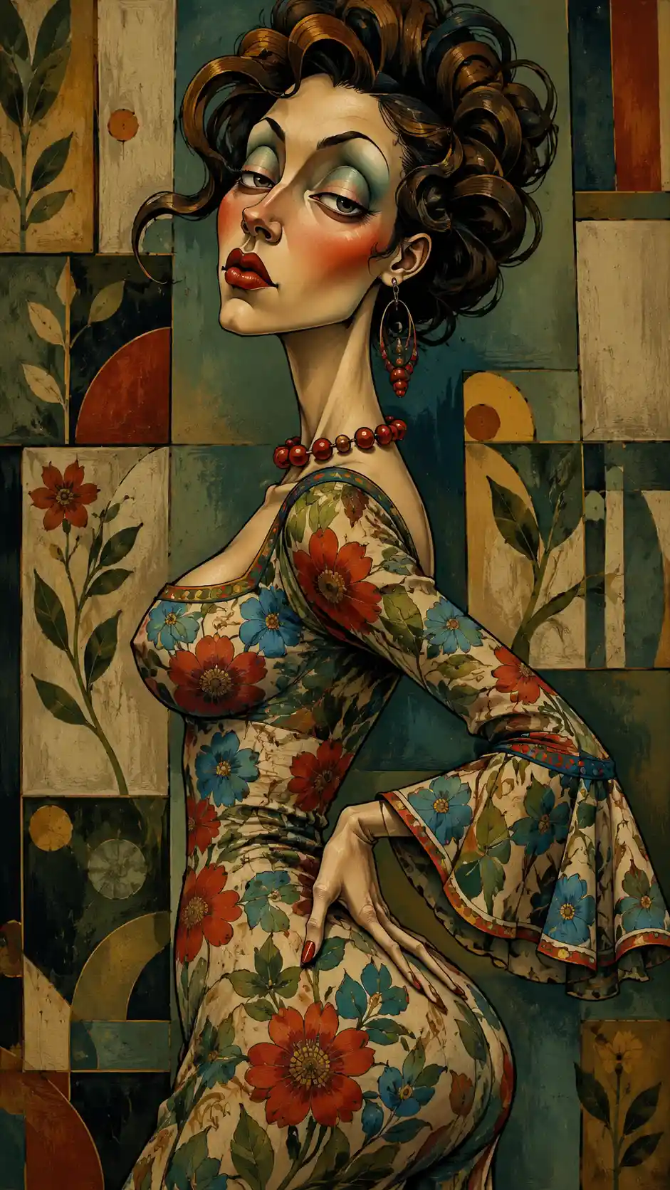 Femme stylisée en robe fleurie avec de fortes ombres