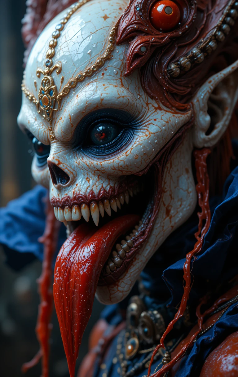 Monstro assustador com olhos metálicos e língua vermelha de sangue