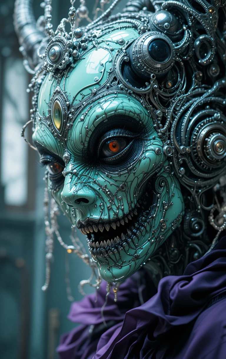 Monstro rococó assustador com olhos pretos metálicos e acabamento em cetim