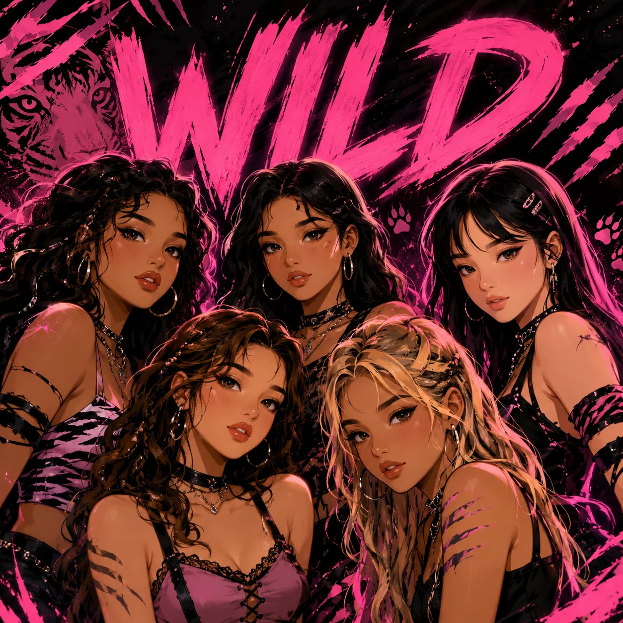 Garotas em desenho animado com detalhes inspirados em tigres selvagens e texto