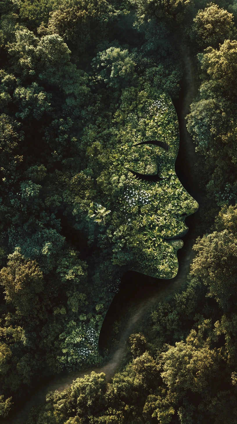 Sentiero nella foresta visto dall’alto che forma una silhouette femminile nascosta
