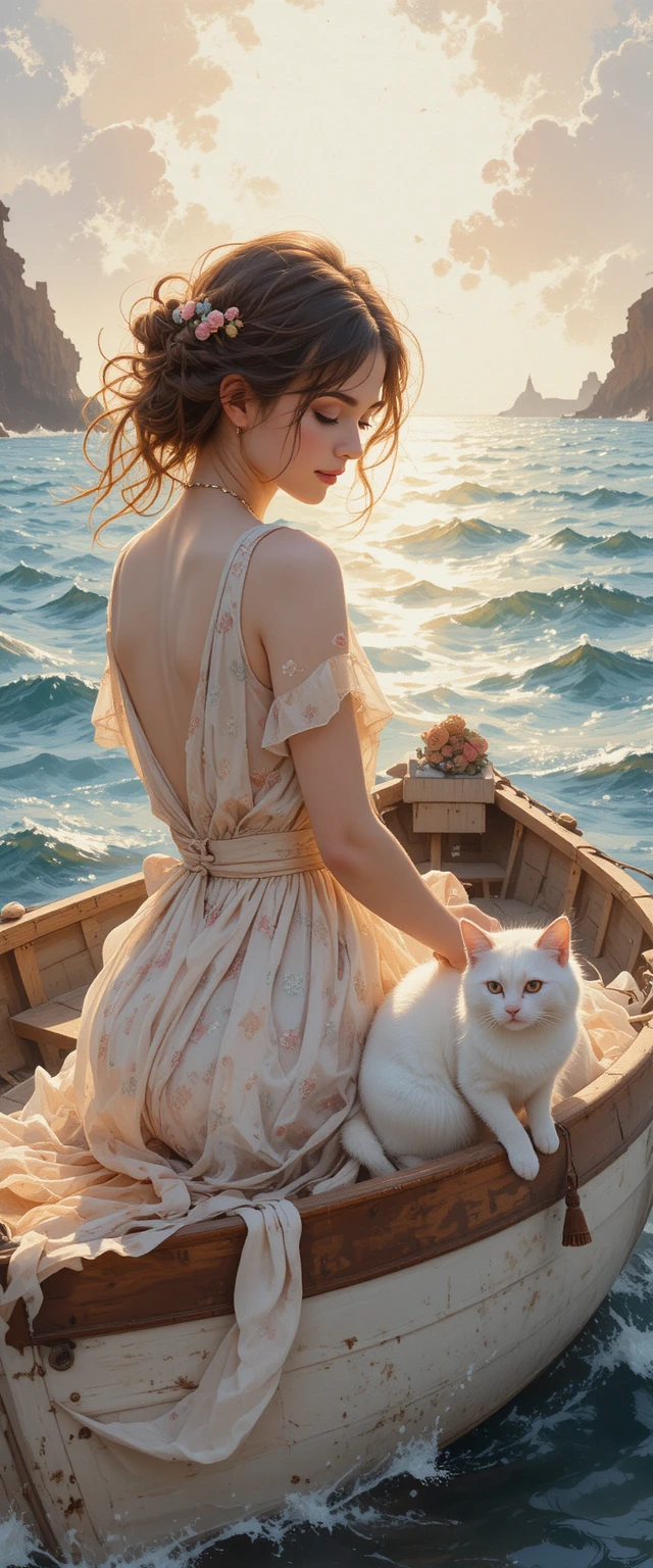 Mulher e gato em um pequeno barco em aquarela onírica