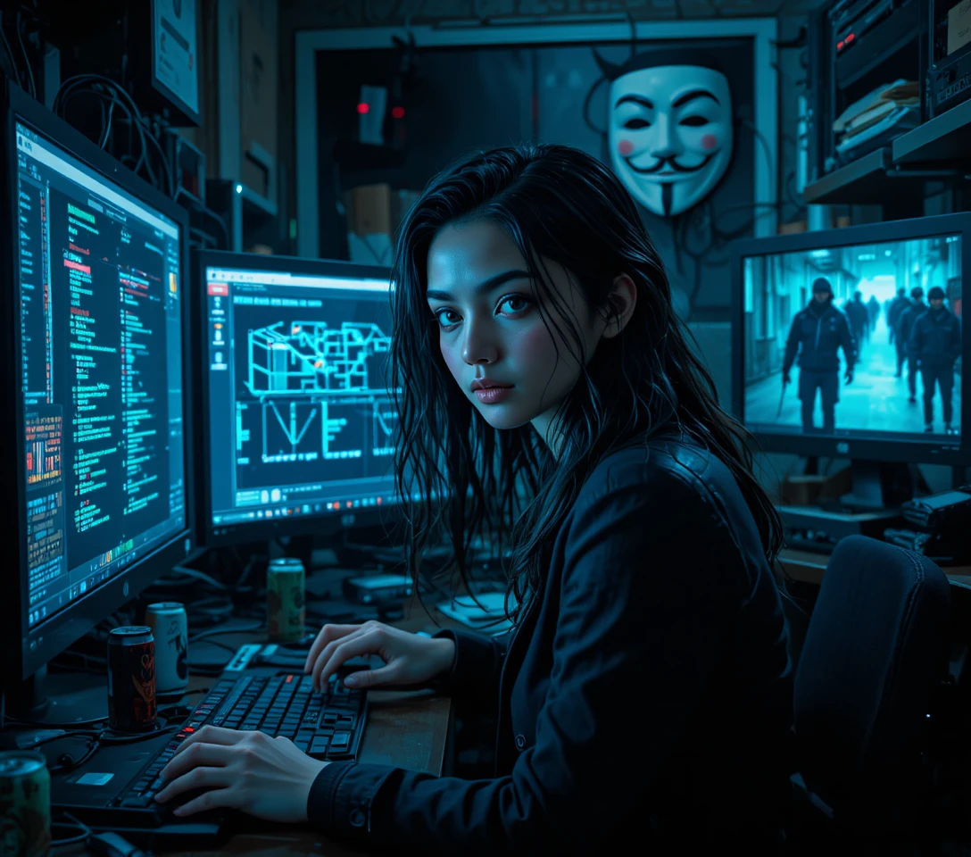 Joven hacker iluminada por monitores en una habitación cyberpunk desordenada