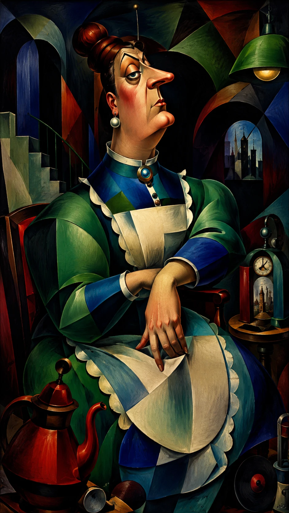 Retrato surreal e satírico de uma mulher em cores primárias vibrantes