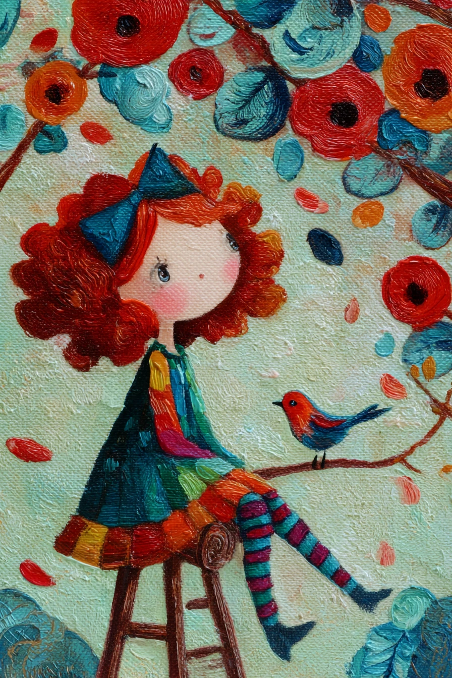 Garota ruiva sob uma árvore florida em estilo impasto