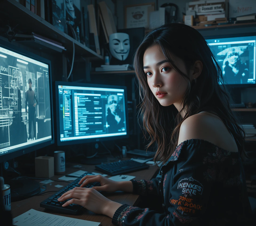 Junge Hackerin am Computer in einem dunklen Cyberpunk-Zimmer