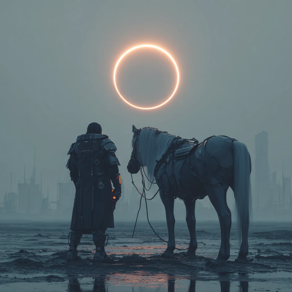 Cavaleiro e cavalo cyberpunk sob um eclipse solar surreal