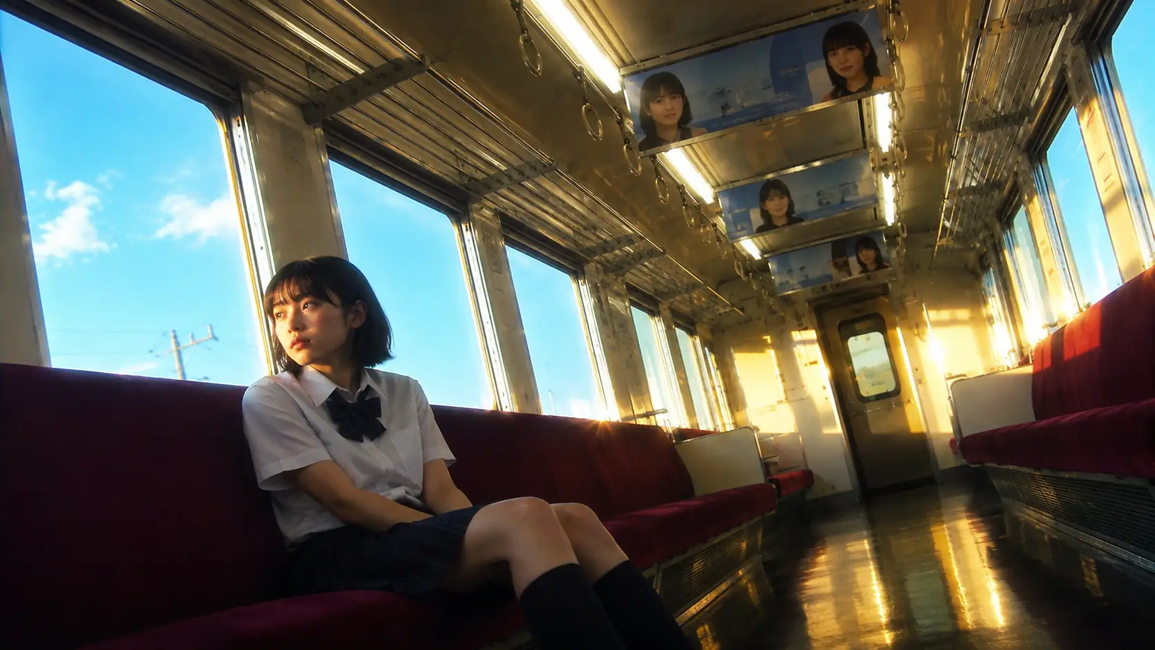 空蕩老式日本電車中的憂鬱少女