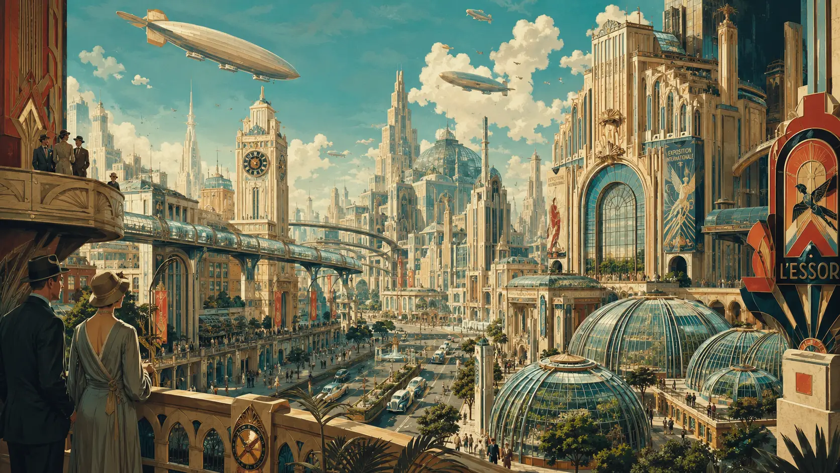 Retro-futuristische europäische Stadt mit emporragenden Art-déco-Türmen