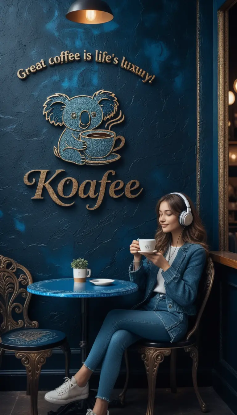 Junge Frau entspannt mit Kopfhörern an einem Cafétisch