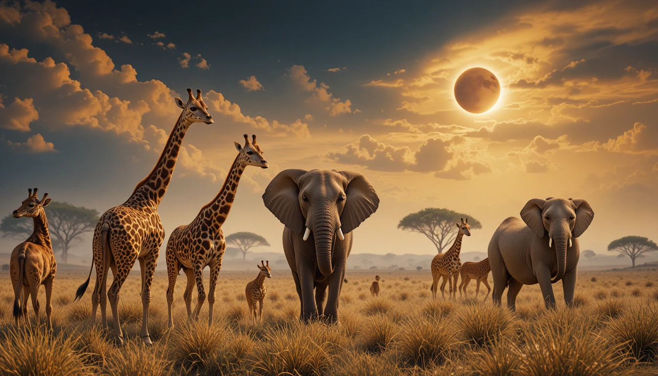 Scena di moda di lusso durante un’eclissi nella savana africana