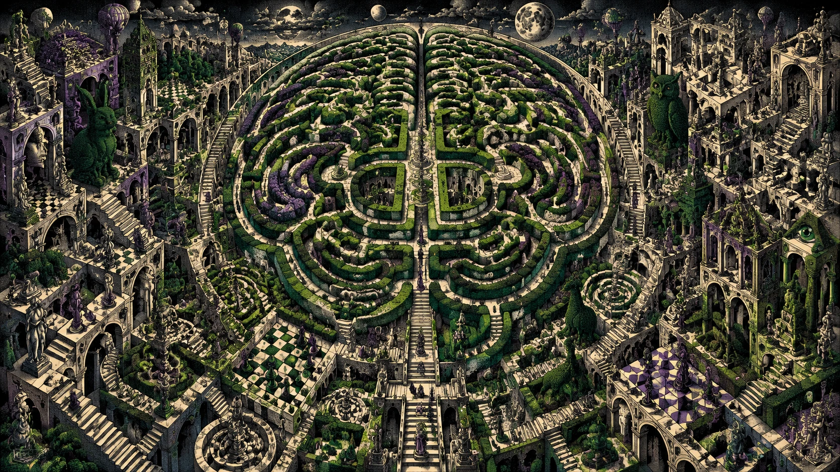 Surreal formal garden of shifting statues and living mazes