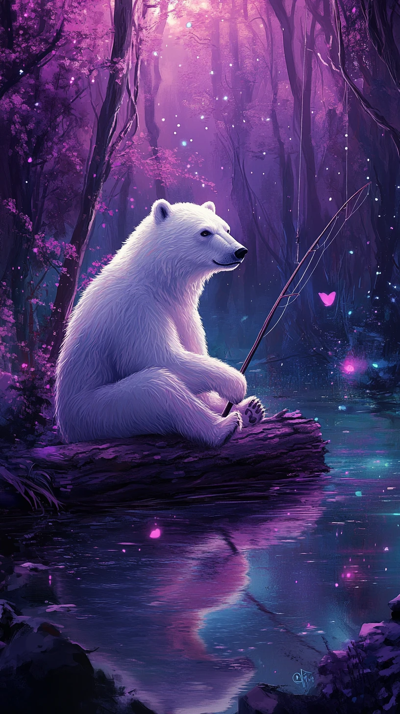 Urso‑polar pescando em um tronco em uma floresta mística noturna