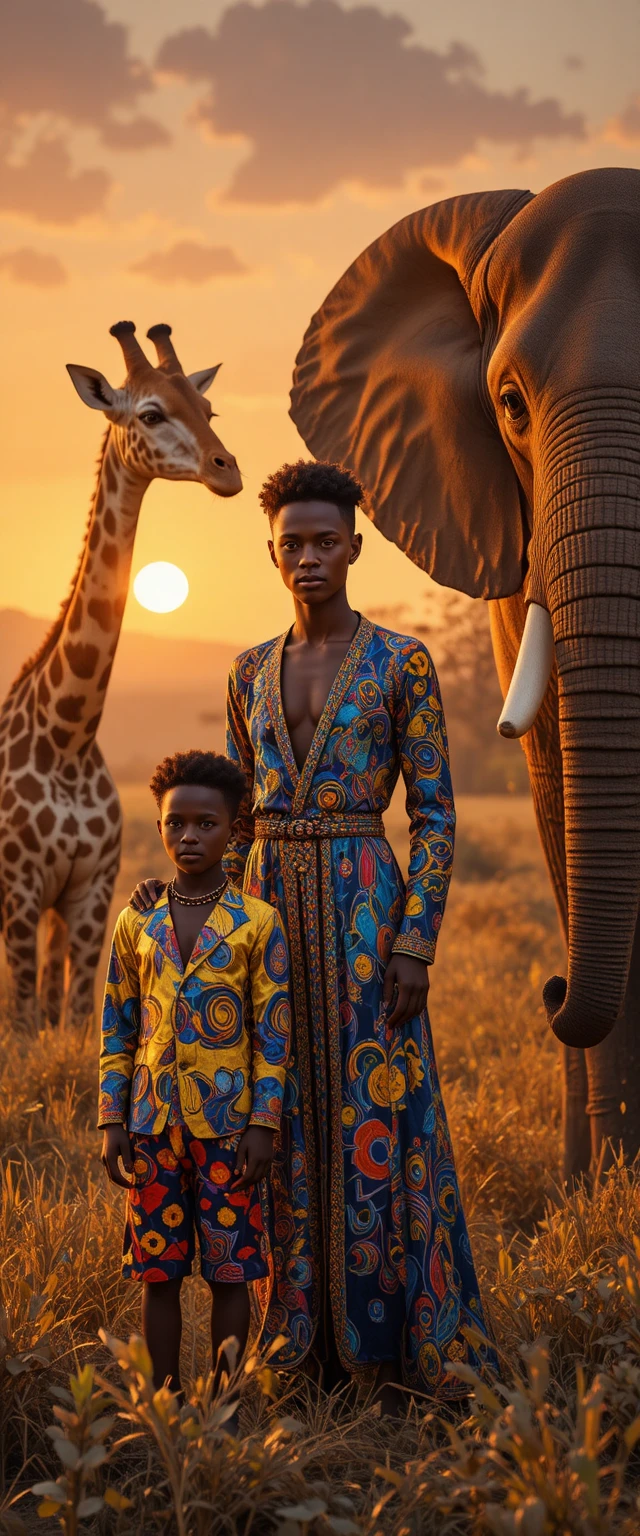 Aldeanos de moda de lujo en colorida escena de sabana africana