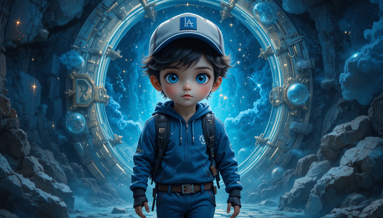Menino diante de uma porta mágica brilhante para as estrelas