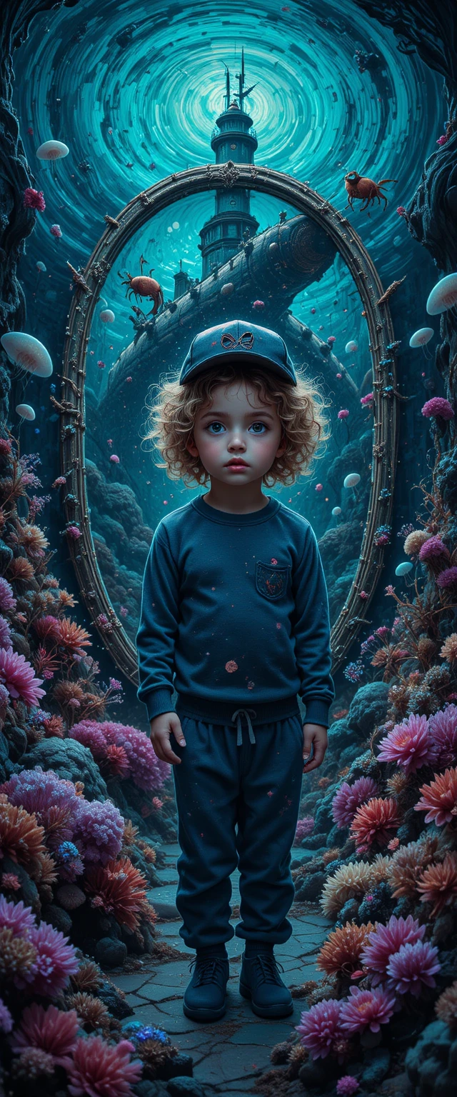 Criança pequena em um mundo mágico de recife de coral mecânico