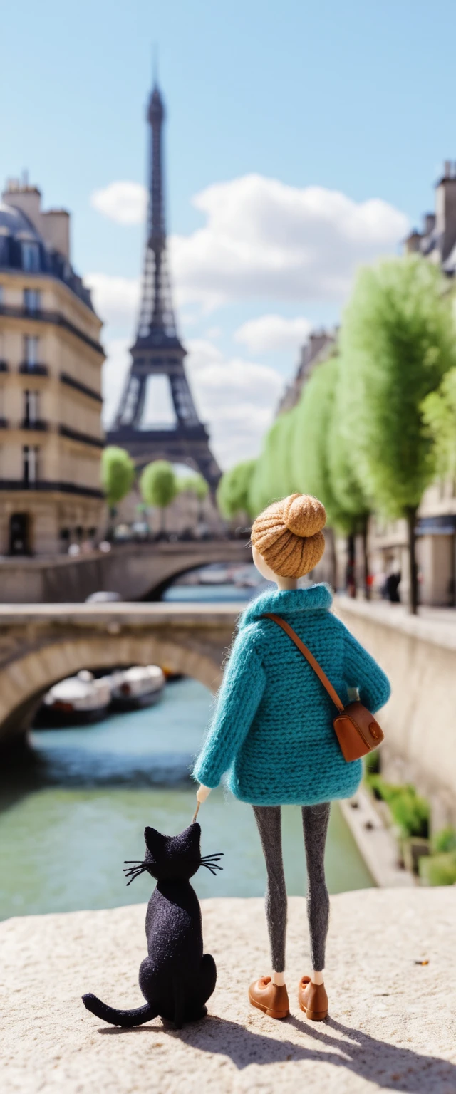 Mulher curvilínea em close segurando um gato sobre o horizonte de Paris
