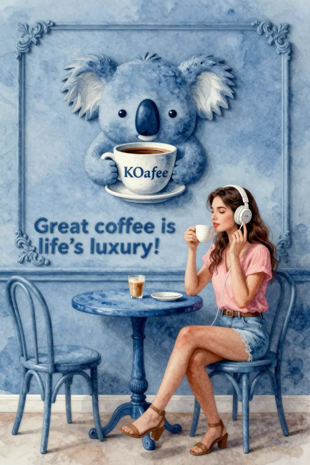 Junge Frau entspannt an einem blauen Café-Tisch mit Kaffee
