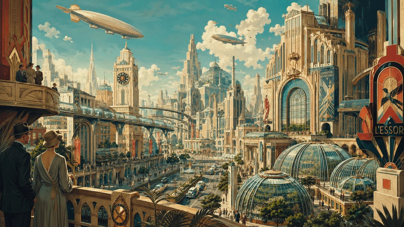 Cidade europeia retrofuturista com altas torres art déco