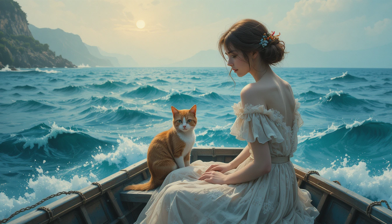 Mulher e gato em um pequeno barco em um mar de sonhos