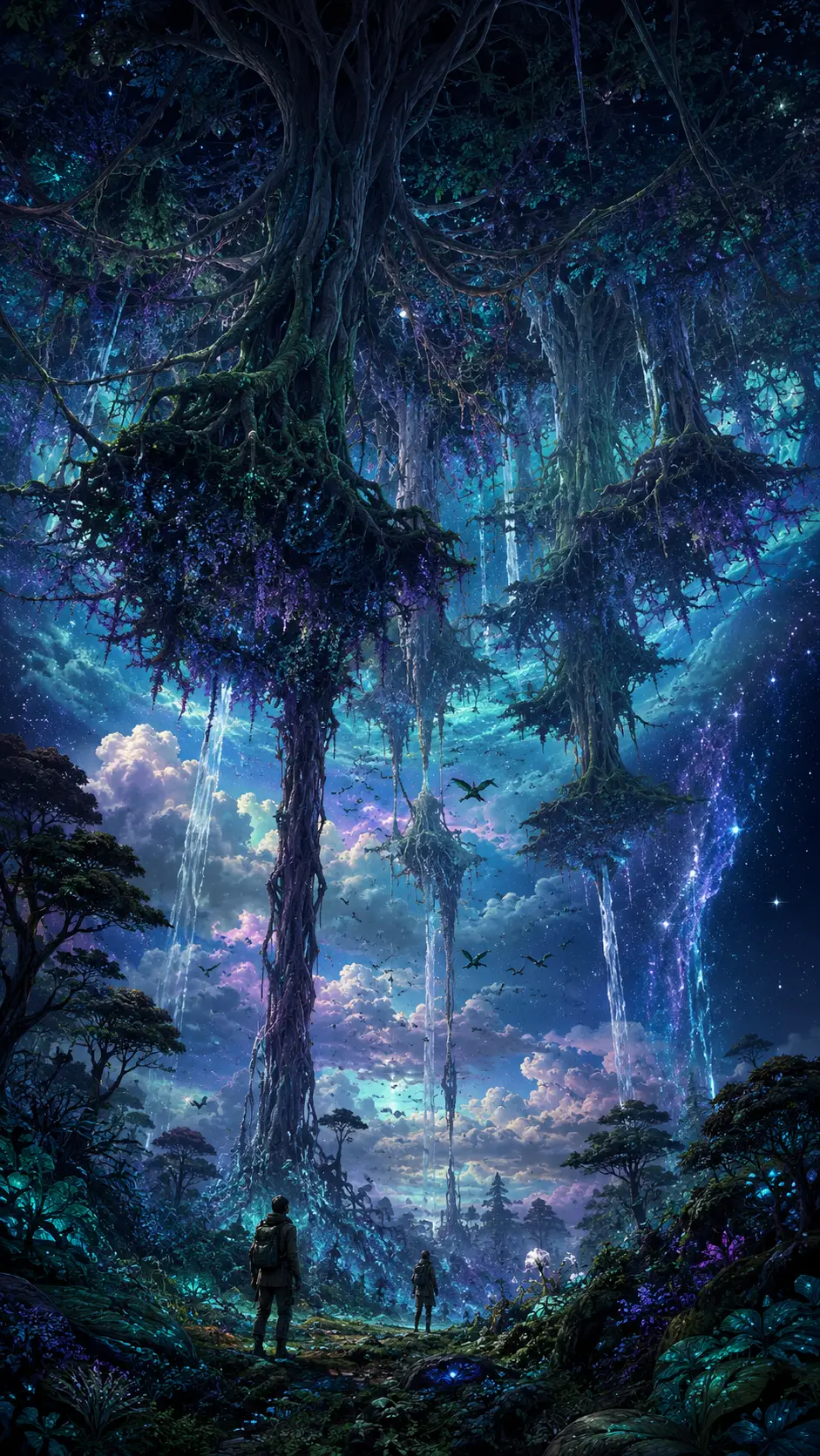 天空懸浮樹與倒立樹根的魔幻森林
