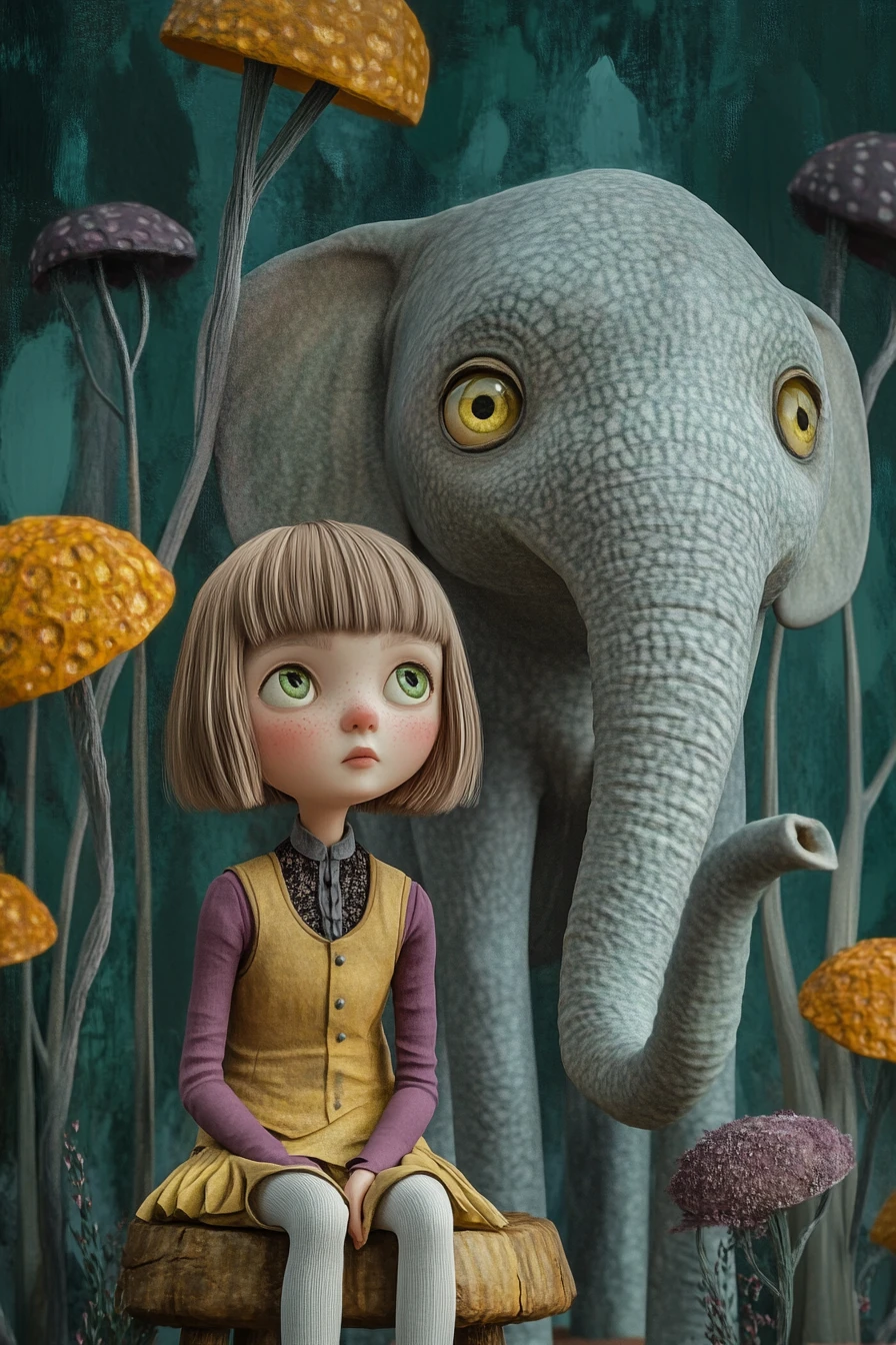 Garota e elefante gentil em uma floresta fantástica e lúdica